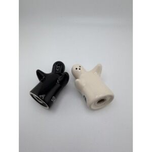 Ghost Salt and Pepper Shaker Set Ceramic Black and White Hugging Spooky Decor